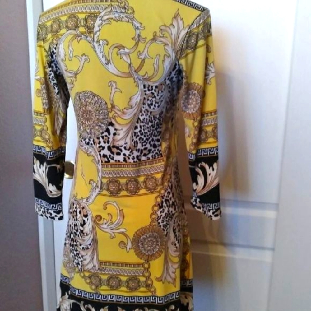EVA VARRO TUNIC TOP BLOUSE YELLOW CANARY BLACK LEOPARD PRINT SMALL WOMENS SMALL